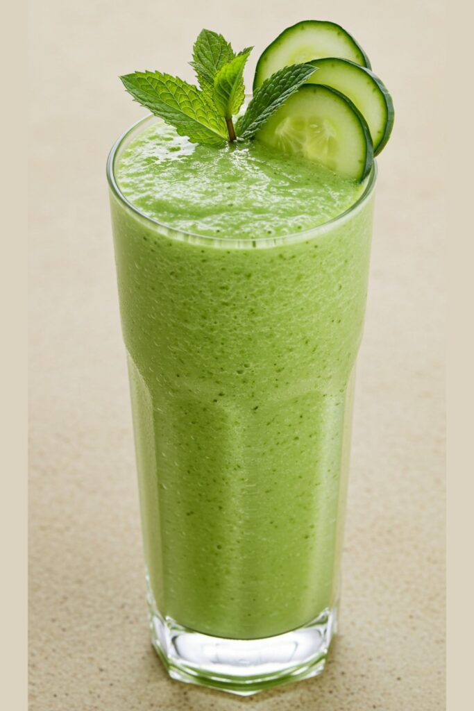 A tall glass filled with a light green smoothie made from fresh cucumber and mint leaves, garnished with a cucumber slice and a sprig of mint, placed on a rustic wooden table