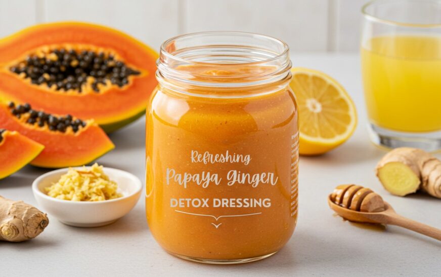 A glass jar filled with smooth, vibrant Refreshing Papaya Ginger Detox Dressing, surrounded by fresh papaya, ginger, and citrus.