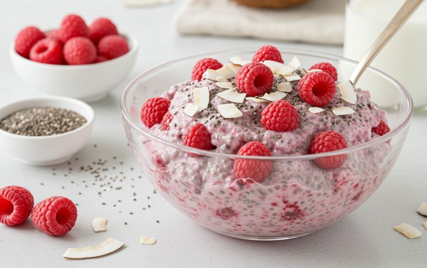 A vibrant bowl of Refreshing Raspberry Coconut Chia Salad, topped with fresh raspberries, shredded coconut, and chia seeds.