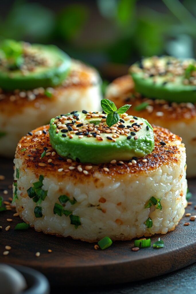 rice cakes topped with smashed avocado and sprinkled with sesame seeds, placed on a light background