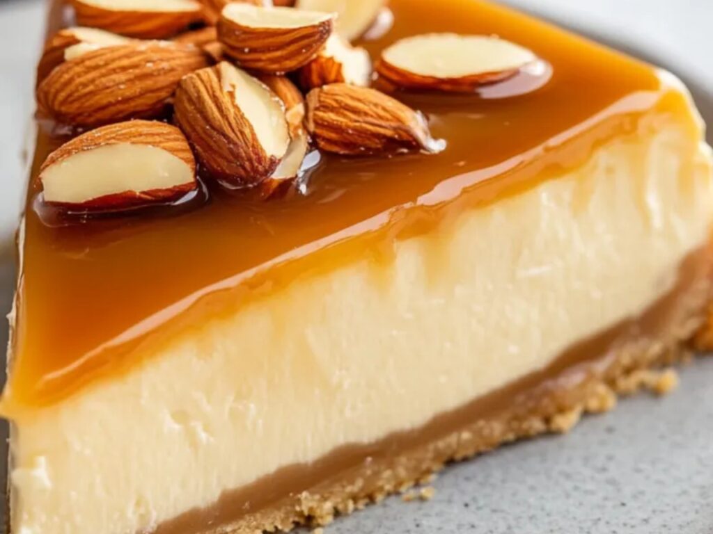 A creamy cheesecake with a buttery crust, topped with a golden salted caramel drizzle.