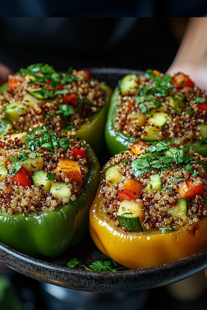 A pair of hands gracefully offering a plate of stuffed bell peppers with quinoa, highlighting the warm, inviting presentation of this healthy and colorful dish.