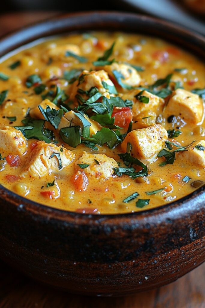 A bowl of spiced chicken and lentil mulligatawny soup with a side of bread