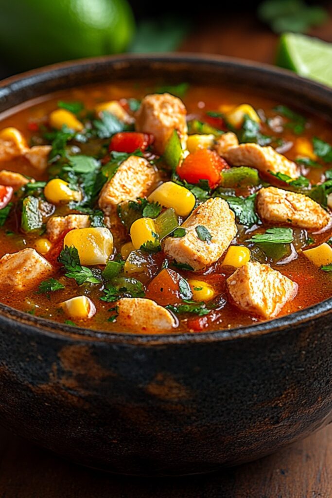 A vibrant bowl of spicy chicken and corn soup, showcasing tender chicken pieces, bright yellow corn, and colorful diced bell peppers. The soup is garnished with fresh cilantro and served with lime wedges on the side. In the background, a rustic wooden table adds a cozy touch, making it perfect for a comforting meal.