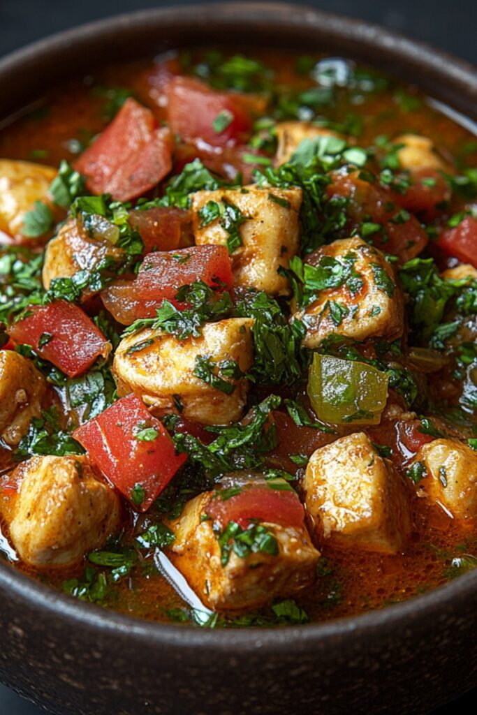 A bowl of Spicy Doro Wat Chicken Soup garnished with cilantro.