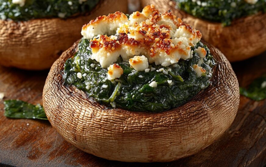 baked stuffed mushrooms with spinach and feta cheese placed on a decorative platter