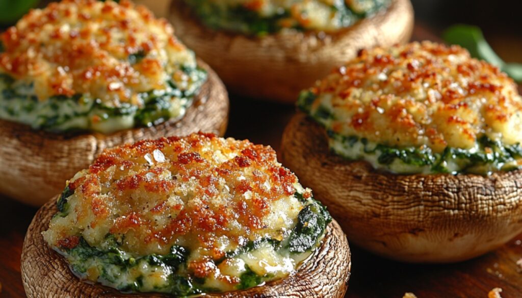 baked stuffed mushrooms with spinach and feta cheese placed on a decorative platter