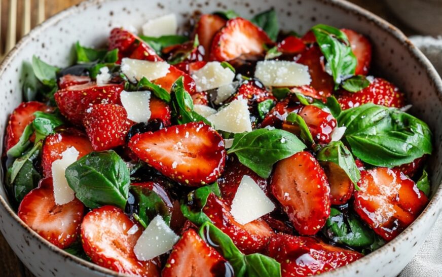 A fresh and vibrant strawberry basil balsamic salad with juicy strawberries, fragrant basil leaves, and a rich balsamic drizzle, served in a stylish ceramic bowl.