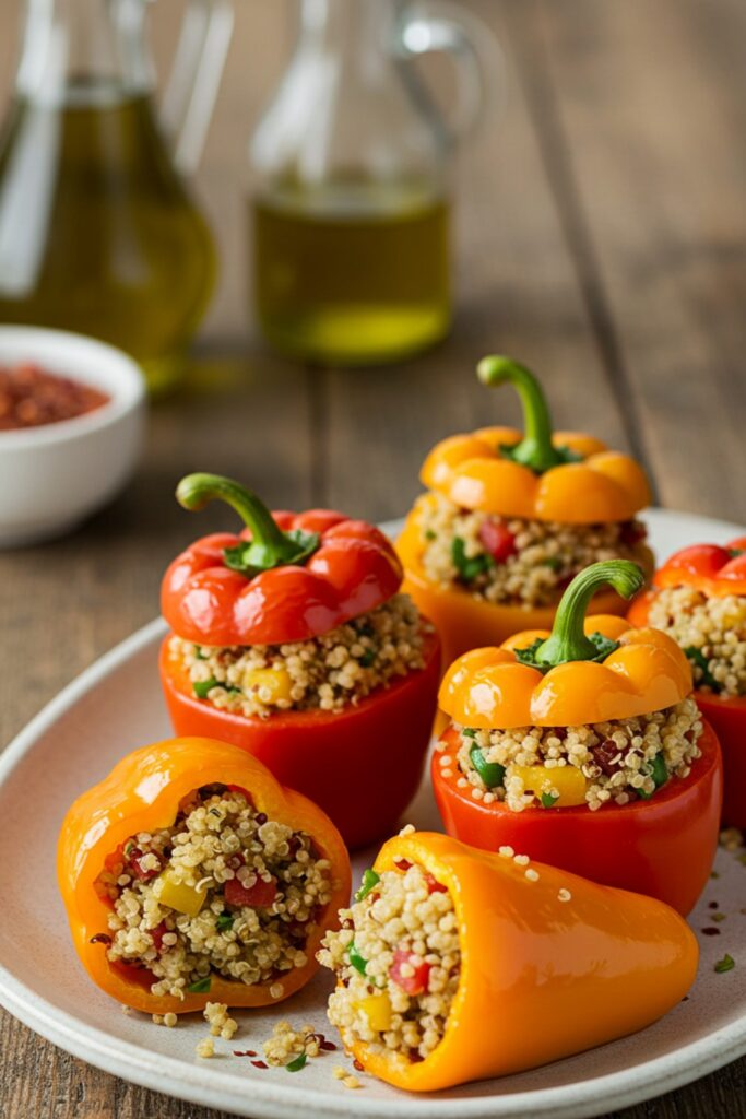 mini stuffed bell peppers with quinoa filling arranged beautifully on a serving plate