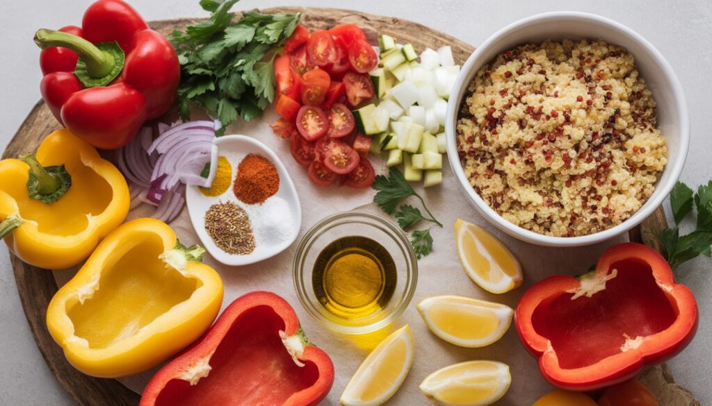 A beautifully arranged flat-lay of fresh ingredients for stuffed bell peppers with quinoa, including colorful bell peppers, cooked quinoa, chopped vegetables, spices, and fresh herbs, placed on a rustic wooden surface.