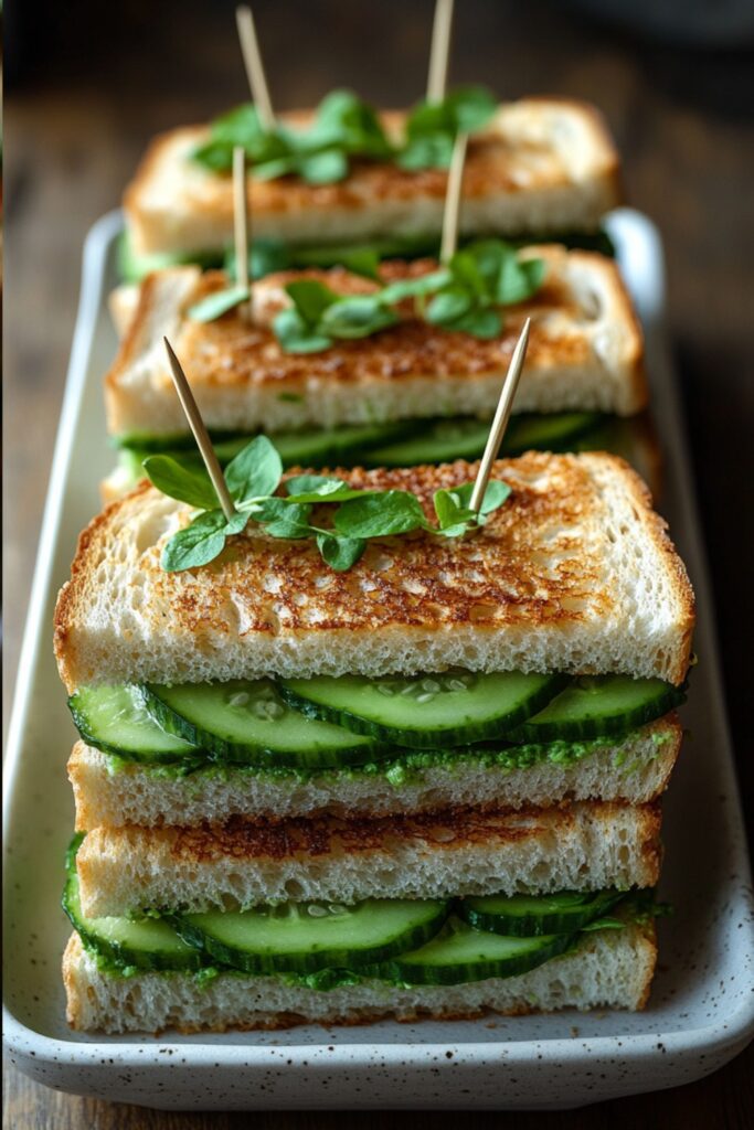 small cucumber sandwiches filled with cream cheese arranged neatly on a platter