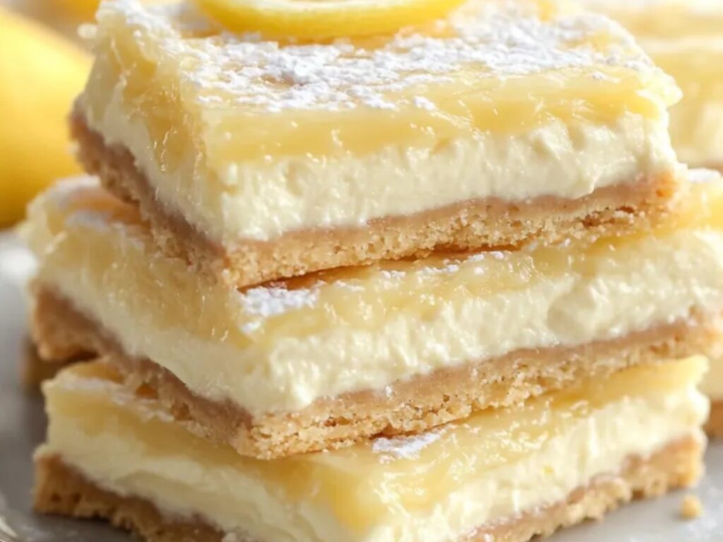 Creamy lemon cheesecake squares with a buttery graham cracker crust.