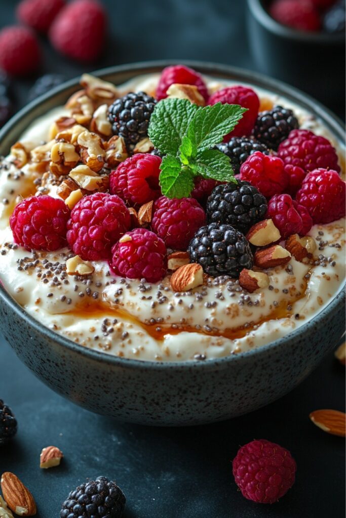 A bowl of vegan yogurt topped with fresh berries and granola.