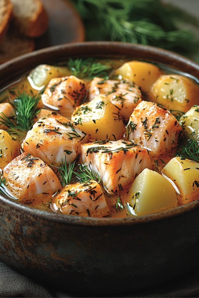 A bowl of traditional Russian Ukha soup with fish and potatoes, garnished with green herbs.