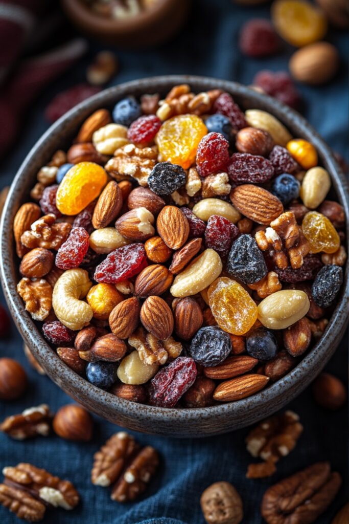 a colorful trail mix of nuts and dried fruits in a small bowl on a picnic blanket