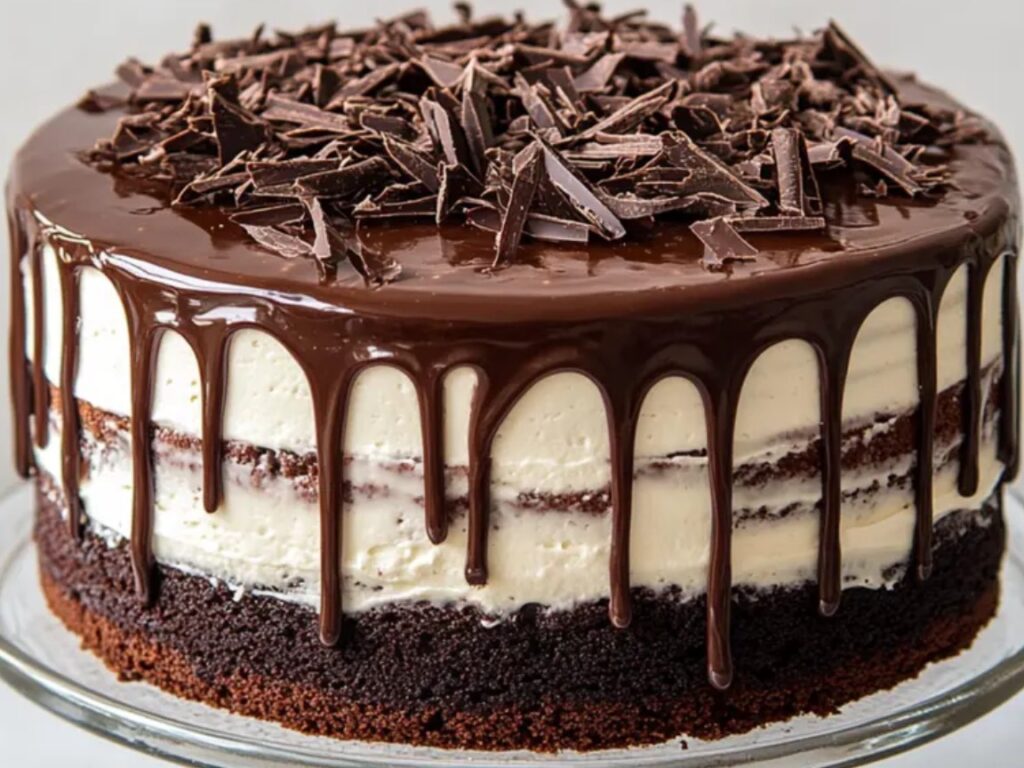 A layered mousse cake with white, milk, and dark chocolate, topped with a chocolate glaze.