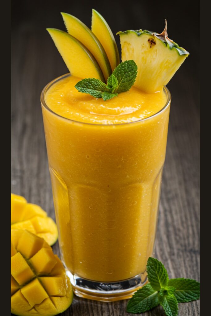 A tall glass filled with a vibrant yellow smoothie made from fresh mangoes and pineapples, garnished with a slice of pineapple and a sprig of mint, placed on a tropical-themed background.