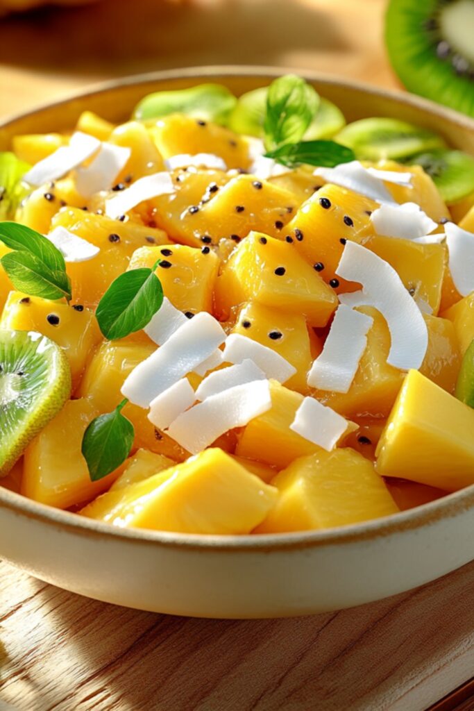 A colorful tropical fruit salad with mango, pineapple, kiwi, papaya, and coconut flakes, drizzled with passion fruit dressing.
