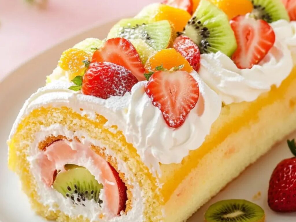 A light sponge cake filled with tropical fruit and whipped cream.