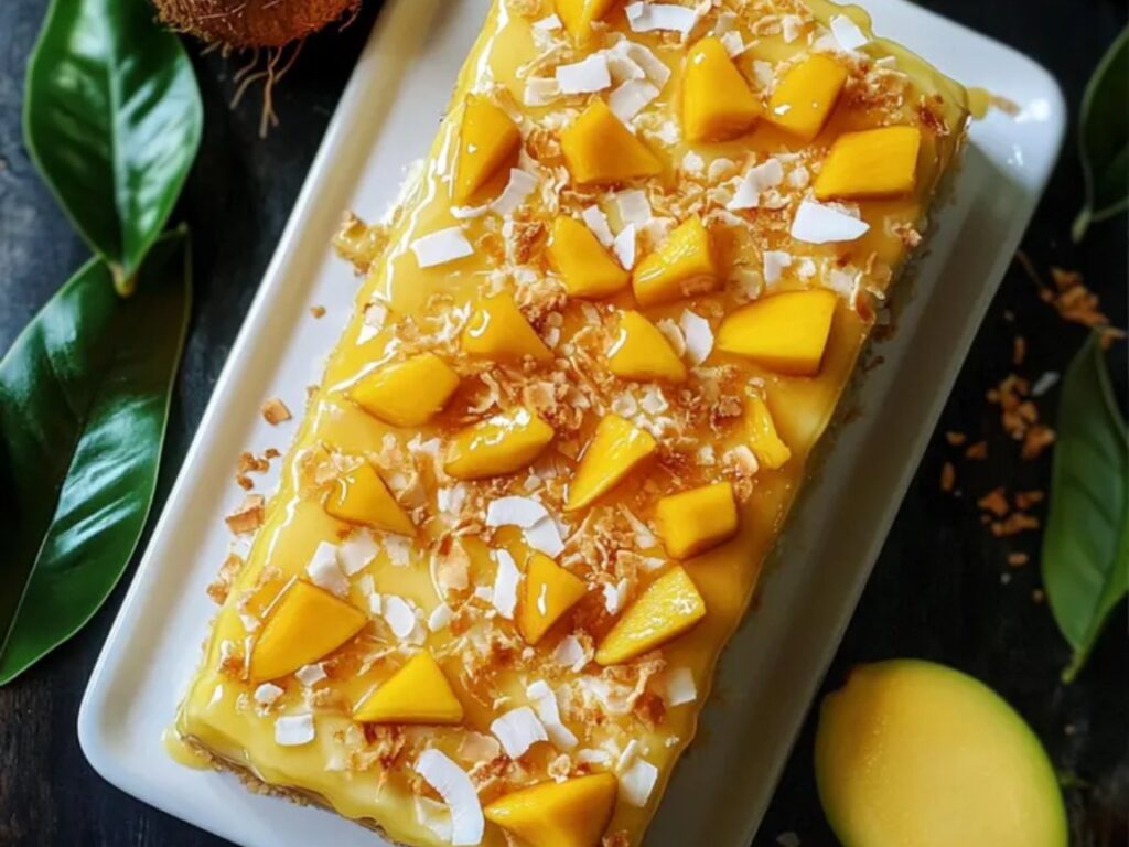 A moist mango cake with coconut cream frosting and toasted coconut flakes.