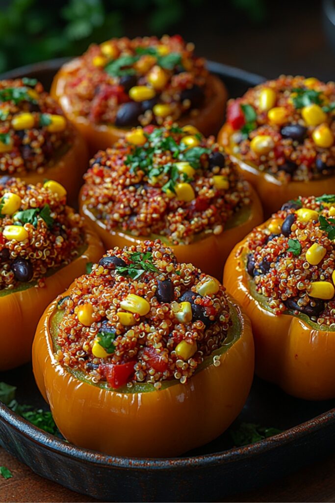 A vibrant array of oven-baked stuffed bell peppers, each filled with a colorful mix of quinoa, black beans, corn, and spices. The peppers are arranged in a rustic baking dish, garnished with fresh cilantro, and surrounded by a sprinkle of vegan cheese. The background features a wooden table setting, creating an inviting atmosphere perfect for a healthy meal.