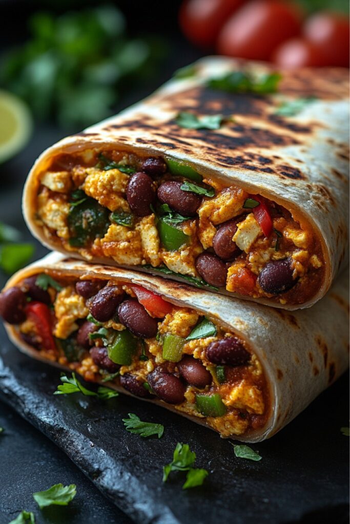 Two vegan breakfast burritos filled with beans and tofu.