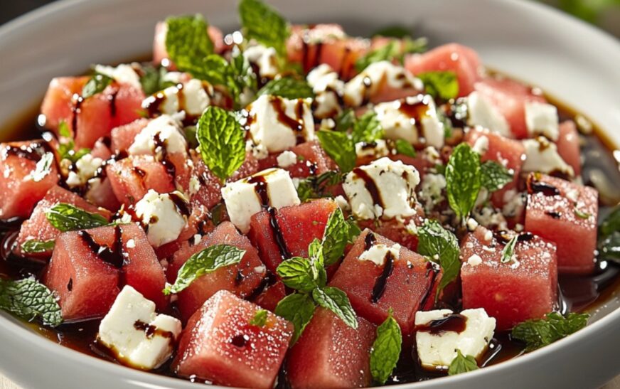 Juicy watermelon cubes with crumbled feta cheese, fresh mint, and a drizzle of balsamic glaze.