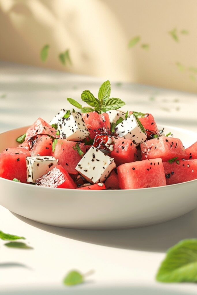 Juicy watermelon cubes with crumbled feta cheese, fresh mint, and a drizzle of balsamic glaze.