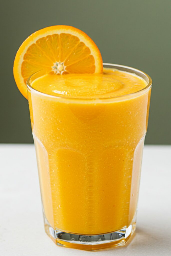 A tall glass filled with a vibrant orange smoothie made from fresh oranges and turmeric, garnished with an orange slice and a sprinkle of turmeric powder, placed on a sunlit breakfast table.