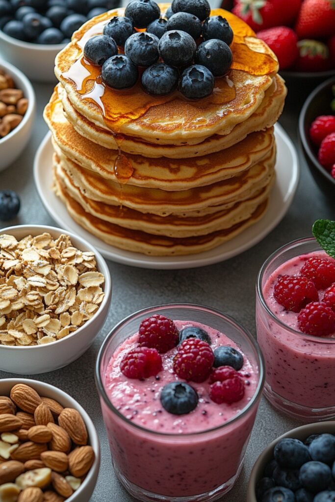 a flat lay of gluten-free vegan breakfast dishes, such as pancakes, oatmeal, and smoothies.