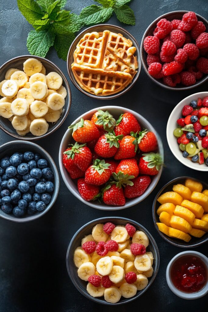 kid-friendly vegan breakfast options, like waffles, muffins, and fruit skewers.