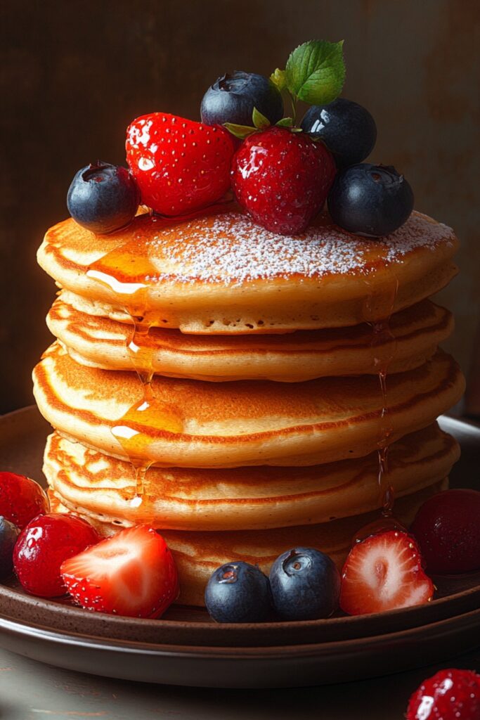 a minimalist plate of vegan pancakes with powdered sugar and berries.