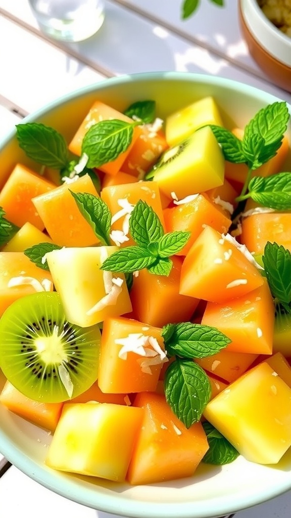 A colorful tropical fruit salad with kiwi, honeydew, cantaloupe, and mint, garnished with coconut on a sunny table.