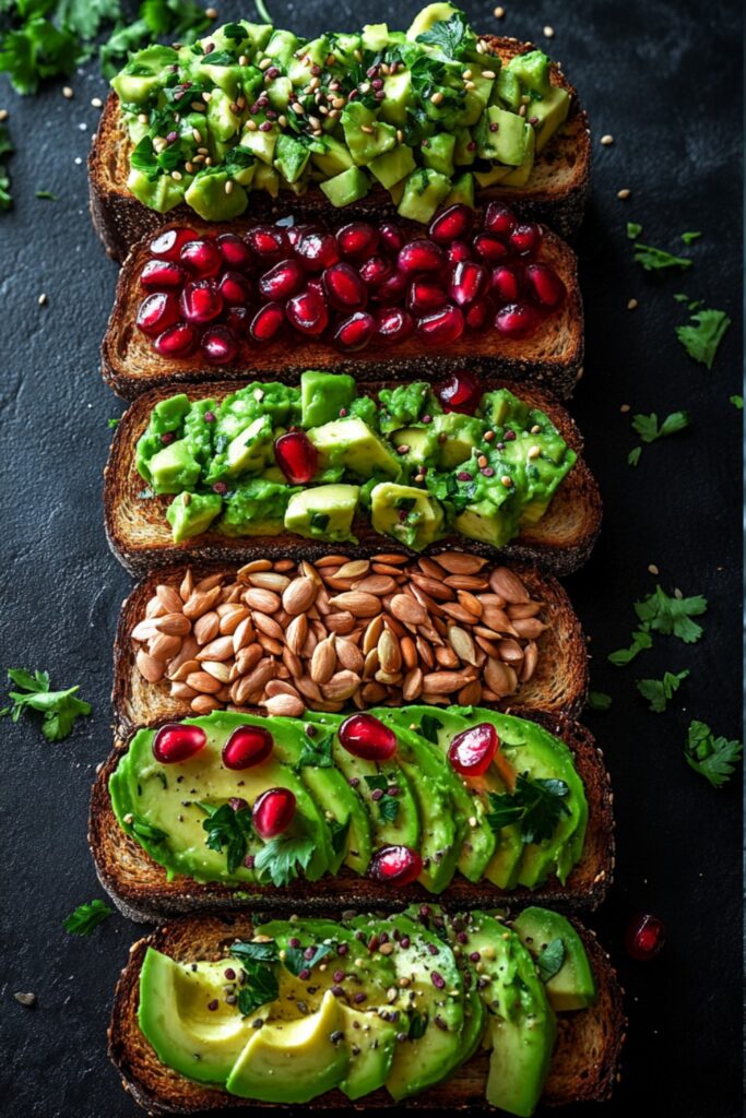 multiple avocado toast variations with toppings like seeds and pomegranate.