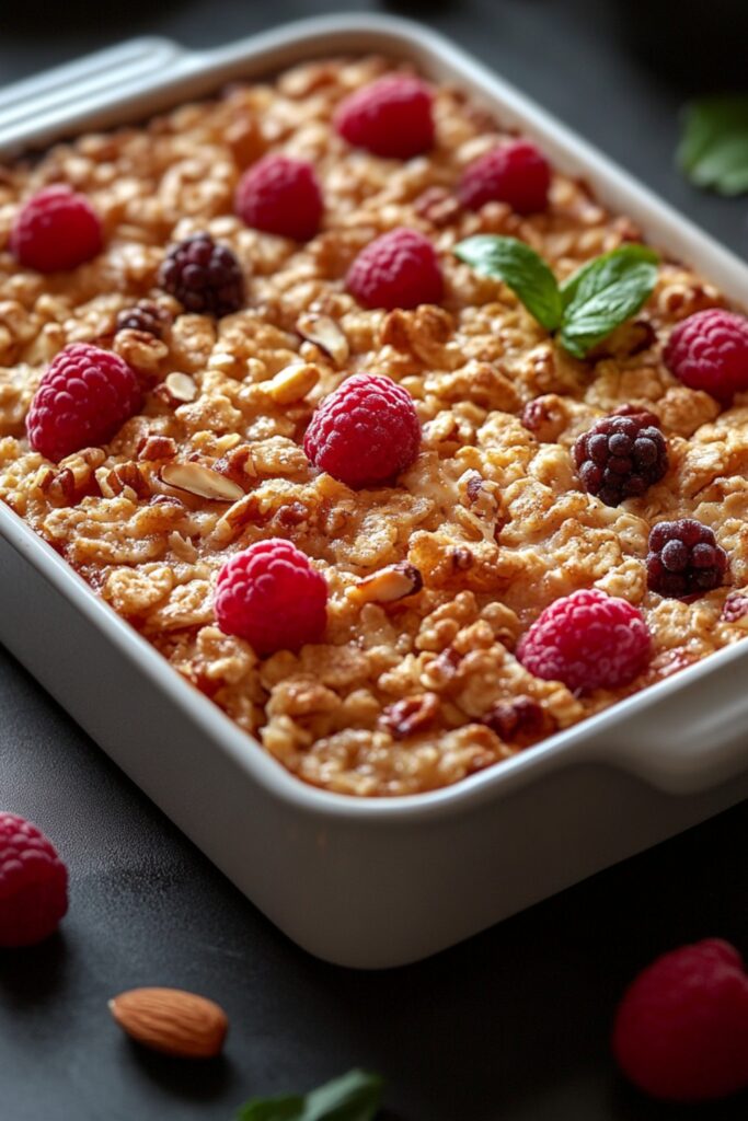 a baking dish with golden baked oatmeal, sliced to reveal nuts and fruits.