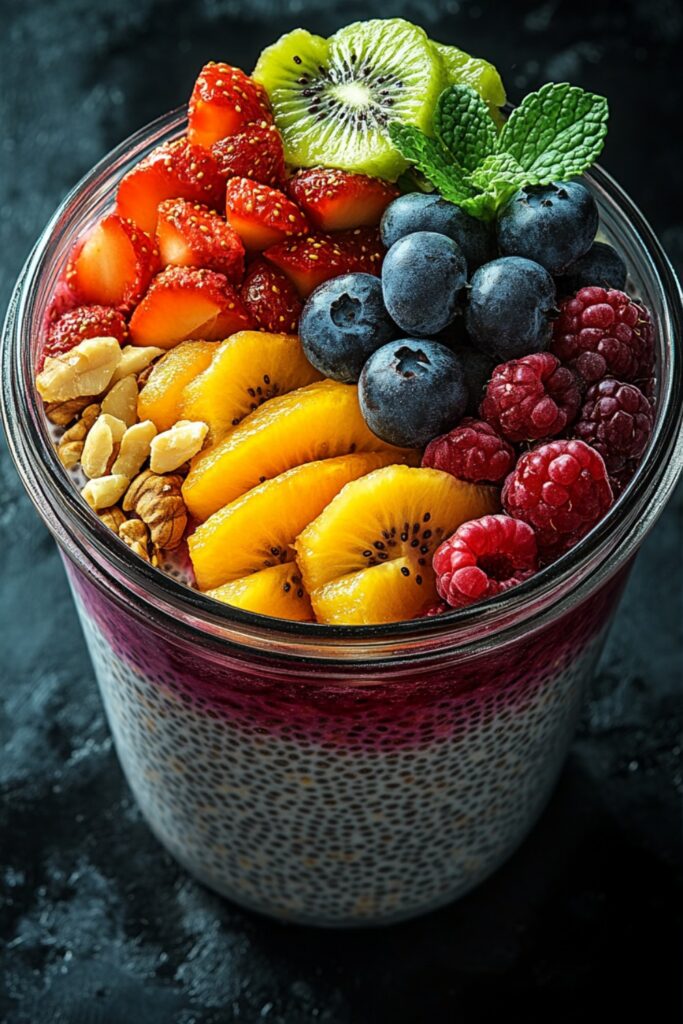 A mason jar of chia pudding layered with fresh fruit and nuts.