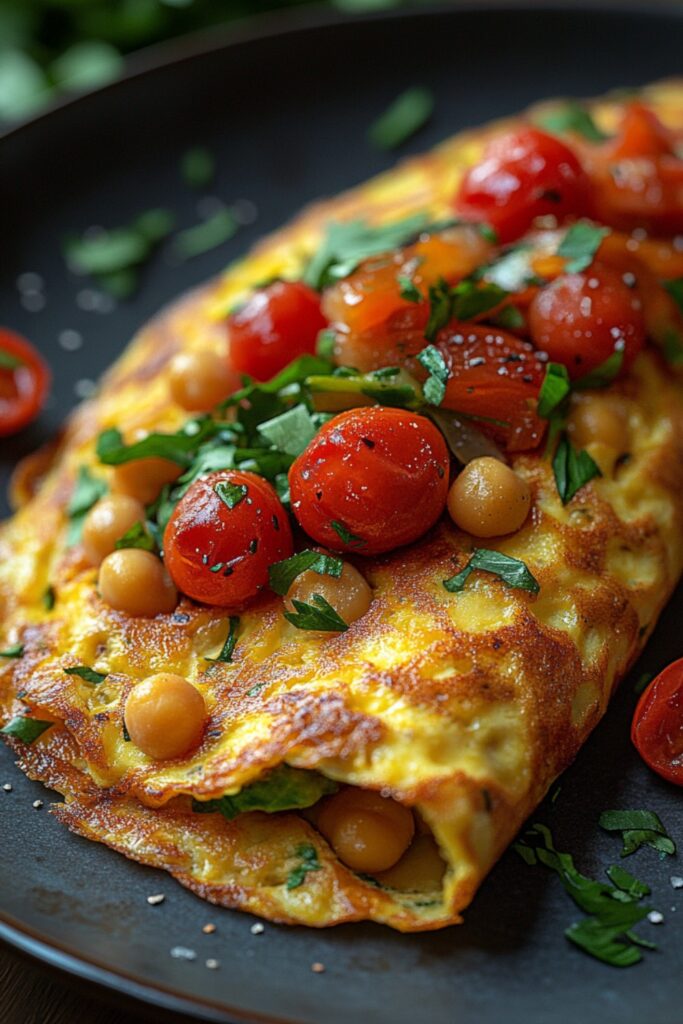 a golden chickpea omelet stuffed with sautéed vegetables.