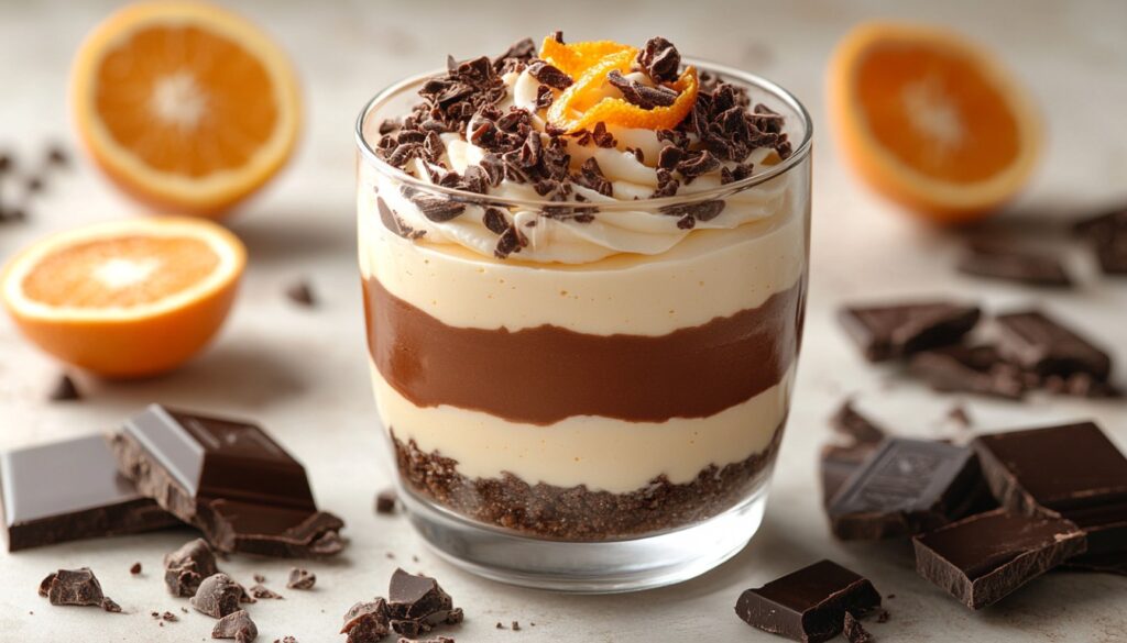 stylish glasses of Chocolate Orange Layered Mousse, highlighting alternating layers of creamy dark chocolate mousse, vibrant orange custard, and a crunchy biscuit base, elegantly garnished with chocolate shavings and fresh orange zest.