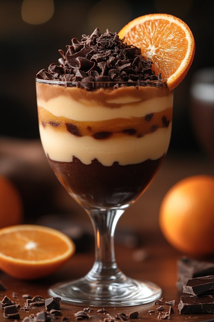 stylish glasses of Chocolate Orange Layered Mousse, highlighting alternating layers of creamy dark chocolate mousse, vibrant orange custard, and a crunchy biscuit base, elegantly garnished with chocolate shavings and fresh orange zest.