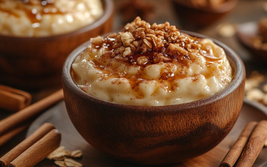 A creamy Cinnamon Honey Pudding served in a glass jar, drizzled with golden honey and topped with crispy granola, set on a bright and elegant table.