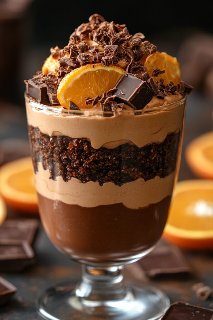 Close-up shot of Chocolate Orange Layered Mousse, showcasing its rich textures and distinct layers, served in a clear glass with orange custard, silky chocolate mousse, and a crunchy biscuit base, garnished with chocolate curls and a drizzle of chocolate sauce.