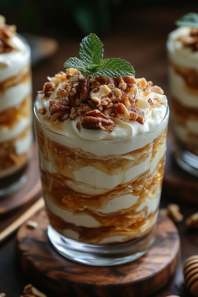 Close-up shot of Layered Honey & Walnut Baklava Parfait, showcasing golden phyllo crumbles, rich honey walnut filling, and creamy yogurt or custard, with a drizzle of honey on top.

