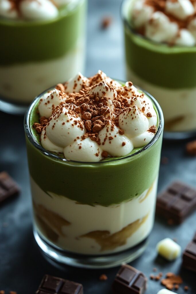 Close-up shot of Matcha & White Chocolate Layered Mousse, showcasing its rich textures and distinct layers, served in a clear glass with smooth matcha mousse, silky white chocolate mousse, and a garnish of matcha powder and white chocolate curls.