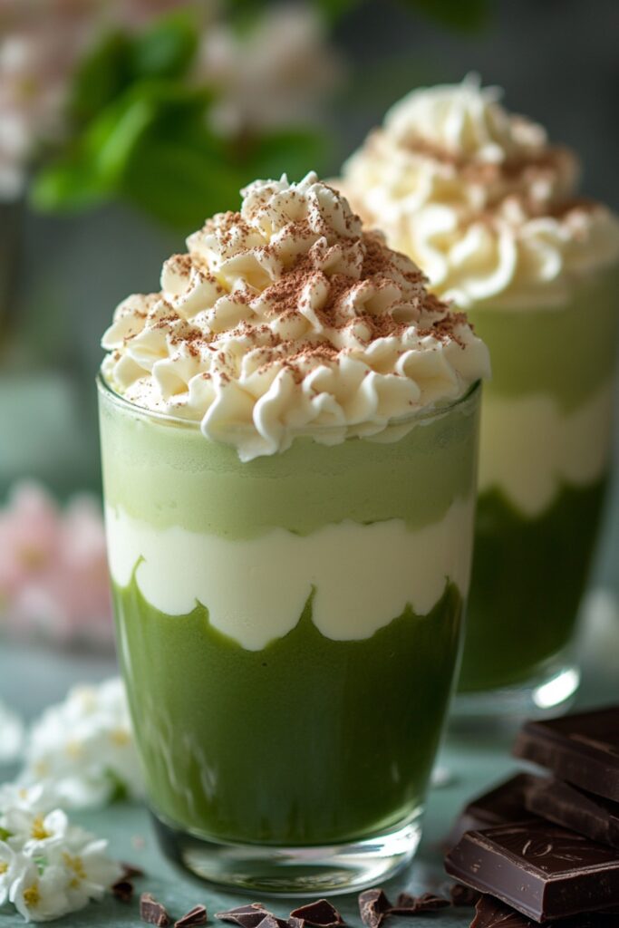 Close-up shot of Matcha & White Chocolate Layered Mousse, showcasing its rich textures and distinct layers, served in a clear glass with smooth matcha mousse, silky white chocolate mousse, and a garnish of matcha powder and white chocolate curls.