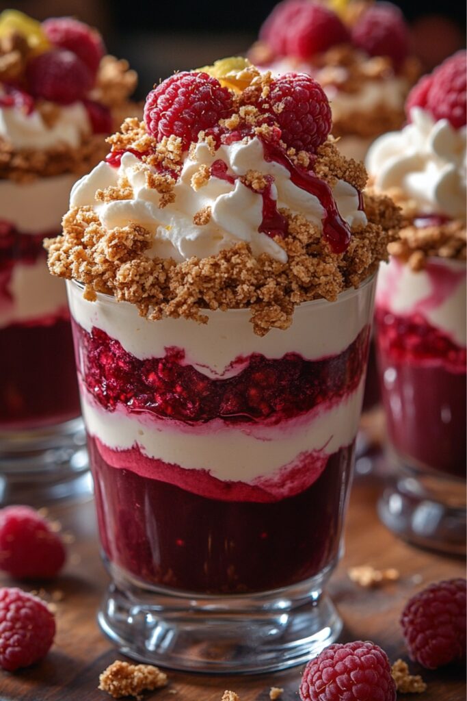 Close-up shot of White Chocolate & Raspberry Layered Mousse, showcasing its rich textures and distinct layers, served in a clear glass with raspberry mousse, silky white chocolate mousse, and a crunchy biscuit base, garnished with lemon zest and a drizzle of raspberry sauce.