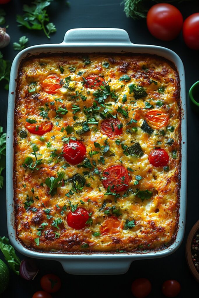 A image of a vibrant baked vegan breakfast casserole with colorful vegetables and herbs.