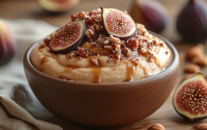 Rustic-style Caramelized Fig & Hazelnut Layered Mousse served in a small elegant bowl, topped with caramel drizzle, fresh fig slices, and roasted hazelnuts for a cozy presentation.