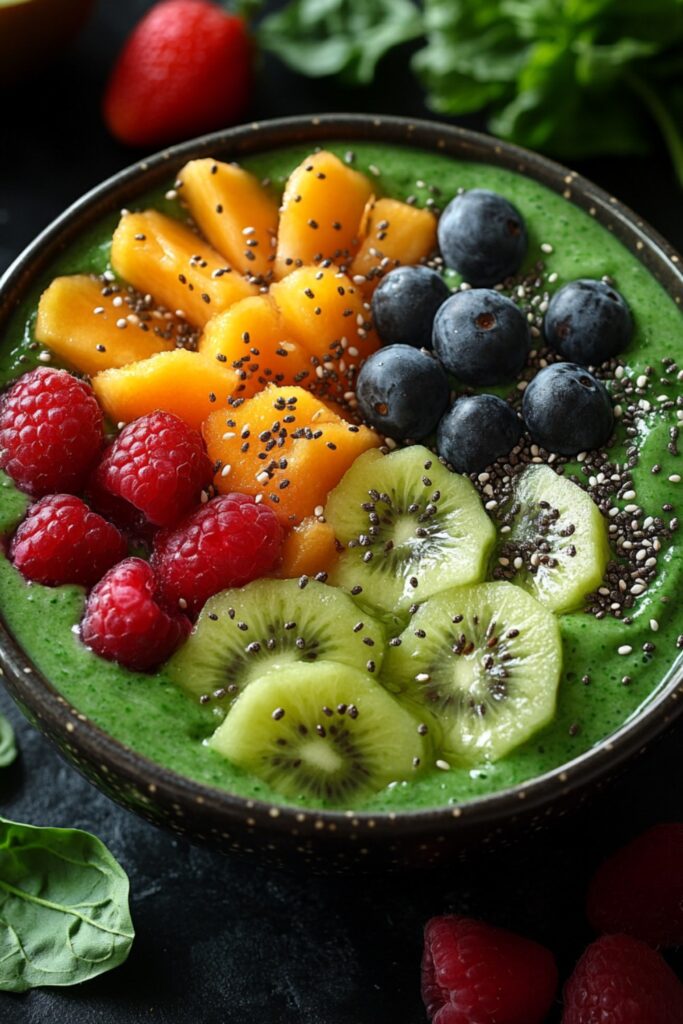 A vibrant green smoothie bowl topped with sliced strawberries, blueberries, kiwi, and chia seeds.