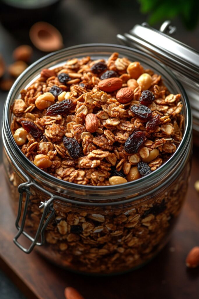 a rustic granola jar with peanut butter clusters and dried fruits spilling out.