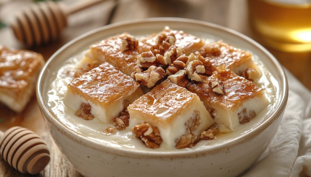 Rustic-style Layered Honey & Walnut Baklava Parfait in an elegant bowl, featuring golden phyllo pastry, nutty walnut filling, and honey-infused custard, served with a honey dipper and walnut pieces for a cozy touch.